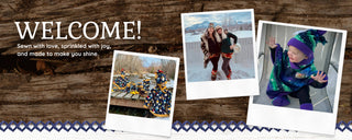 Welcome message with family photos on a wooden background | Twinkle Toes & Wild Outerwear | Palmer, AK