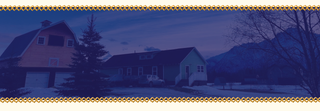 Nostalgic background illustration of a rural landscape with houses, trees, and mountains at night | Hours and Location Page | Twinkle Toes & Wild Outerwear | Palmer, AK