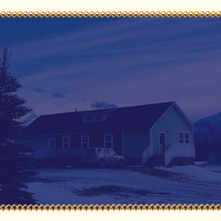 Nostalgic background illustration of a rural landscape with houses, trees, and mountains at night | Hours and Location Page | Twinkle Toes & Wild Outerwear | Palmer, AK